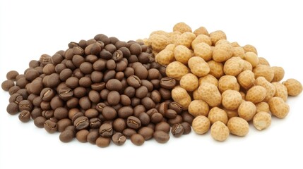 Fototapeta premium A pile of roasted coffee beans beside a pile of roasted nuts.