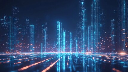 Fototapeta premium Futuristic Cityscape of Glowing Light Beams Forming New Skyscrapers Embodying Innovation and Progress