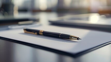 A sleek pen rests on a blank sheet of paper, suggesting a moment of creativity or decision-making.