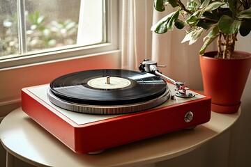 Red retro turntable with vinyl next to small plant on table, bright natural light, warm decor, cozy atmosphere 2