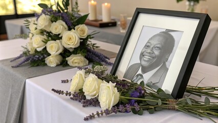 Close-up of memorial service display with flowers and portrait