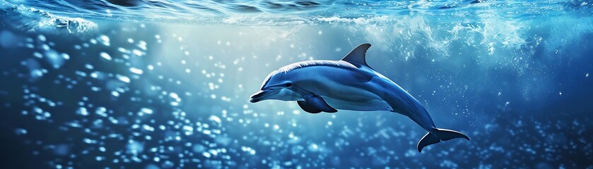 Dolphin Swimming Underwater with Bubbles