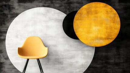 Modern interior design, chair with large yellow sphere wall art. minimalist room decor with geometric shapes and contemporary style.