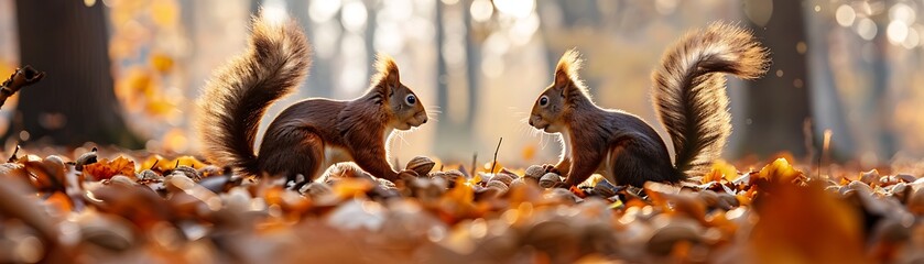 Two Red Squirrels Facing Each Other in Autumn Leaves