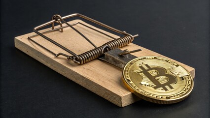 Hyper-realistic mouse trap featuring Bitcoin coin on dark surface