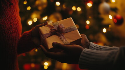 クリスマスにプレゼントを交換している画像