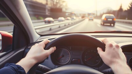 A close-up view of hands on a steering wheel while driving on a road with a sunset in the background.