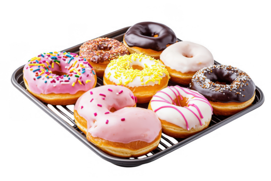 Delightful Assortment of Unique Donuts on Metal Tray with Vibrant Colors & Contrasting Surface