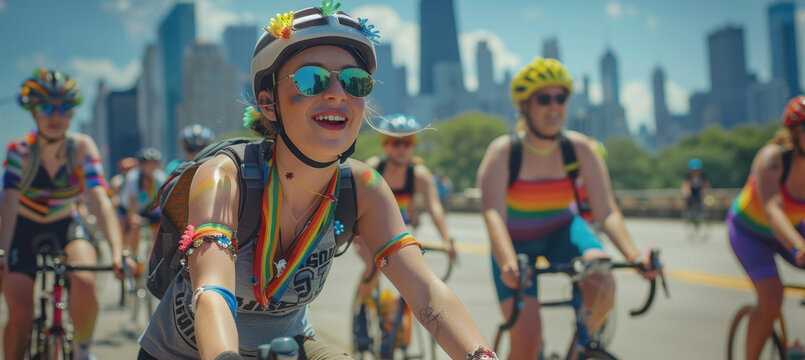 Vibrant LGBTQ Pride Bike Ride Celebration with Rainbow Decorations and Joyful Participants