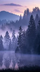 Twilight fog envelops a dense forest at the water's edge