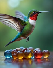 Fototapeta premium a few marbles and a colorful hummingbird, blue, yellow, green, green, red, realistic, detailed