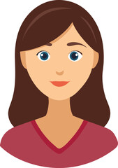 A woman profile avatar icon with brown hair and a red shirt with a white background.