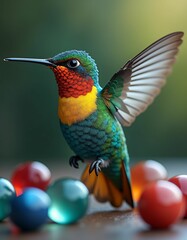 Obraz premium a few marbles and a colorful hummingbird, blue, yellow, green, green, red, realistic, detailed