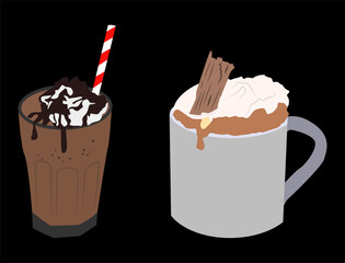 cold chocolate with chocolate milk spread and hot chocolate with white milk and cinnamon, happy and relax. black background