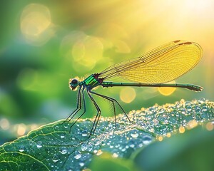 Iridescent Dragonfly Resting on Dew Covered Leaf at Sunrise