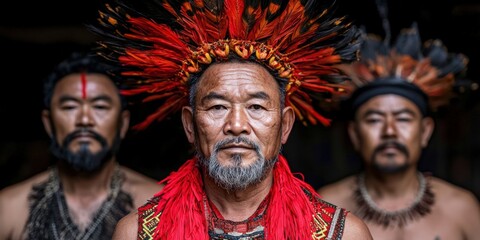 Fototapeta premium Three men adorned in traditional attire and elaborate headdresses, showcasing cultural heritage and identity in a vibrant setting.
