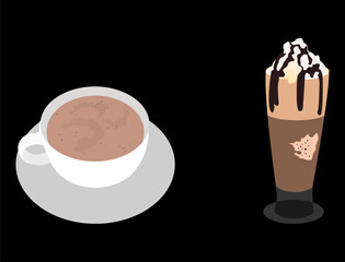 hot chocolate milk and iced chocolate with milk and cream until it spills, happy, relax. black background