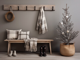 Japandi and wabi sabi style modern hallway decorated for Christmas with plaid accents, wreaths and Christmas tree. Holiday and festive season interior. Plaid accents interior.