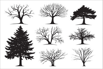 Fototapeta premium Set of black silhouette illustration of tree
