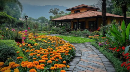 Fototapeta premium A winding stone path leads through a lush garden with a cottage in the background, surrounded by colorful flowers and greenery.
