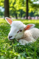 Obraz premium A cute lamb resting on green grass in a sunny park setting.