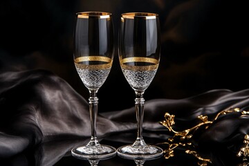 Crystal champagne glasses with gold rim, luxury black velvet background, warm lighting, sparkling drink, glittering bubbles 3