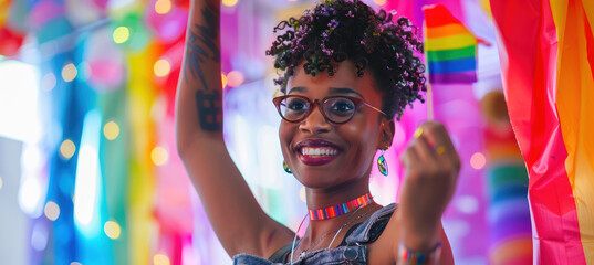 Obraz premium Non-Binary Individual Celebrating LGBTQ Pride with Rainbow Flag and Festive Background