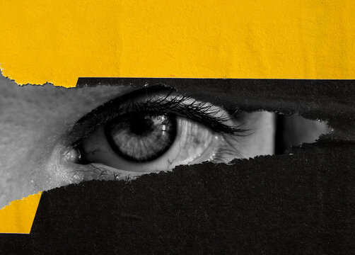 Old ripped torn blank grunge posters backgrounds creased crumpled paper backdrop surface placard empty space for text woman close-up eye mouth head