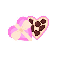 Pink box of chocolates, with a white bow, isolated flat illustration in transparent background