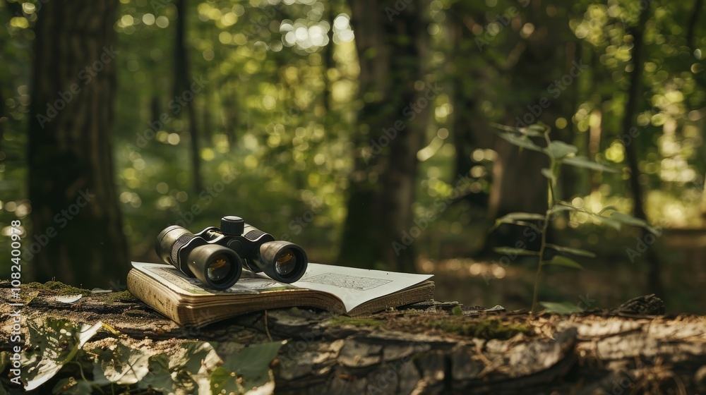 Poster A serene bird watching setup in a tranquil forest, Binoculars and field guide arranged, Nature-inspired minimalist style