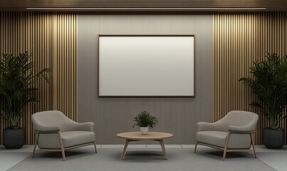 Modern lounge area with two chairs, a table, and decorative plants against a wooden backdrop.