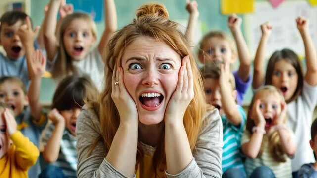 Teacher expresses surprise and excitement amidst a jubilant classroom filled with energetic children during a lively school activity