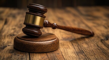 A wooden gavel lies on a wooden surface.