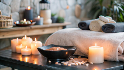 Spa candles and towels with herbal oils in a warm and cozy indoor wellness setting