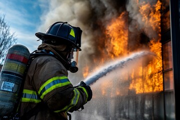 Fototapeta premium A firefighter battling flames in a burning office building, dramatic action shot, smoke swirling around, bright flames illuminating the scene, close-up on heroism 2