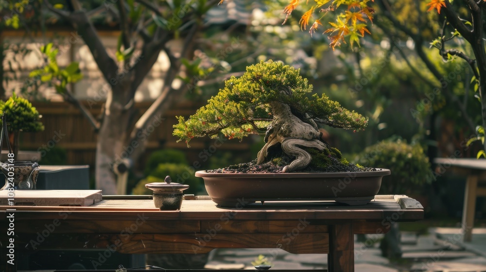 Poster a serene bonsai cultivation setup in a tranquil garden, bonsai tools and trees neatly arranged, zen 