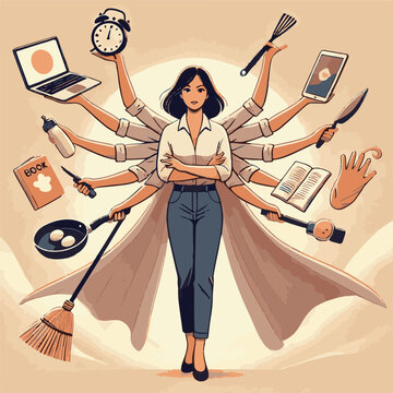 A working house wife that is performing different tasks simultaneously through various hands. Daily life of Mom poster illustration design in minimal style background.
