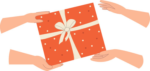 Hands giving a gift.Birthday gift box or holiday incentive gift.Welcome banner, poster. Hand gift concept. Flat vector illustration on white background