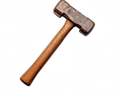 Axe with wooden handle and worn metal blade, close-up photo showing detailed texture & branding element on metal head