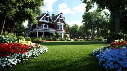 A beautiful house surrounded by a lush garden and colorful flowers.