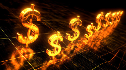 Golden dollar signs rising in a lin graph style, symbolizing a profitable quarter, dark abstract background.1