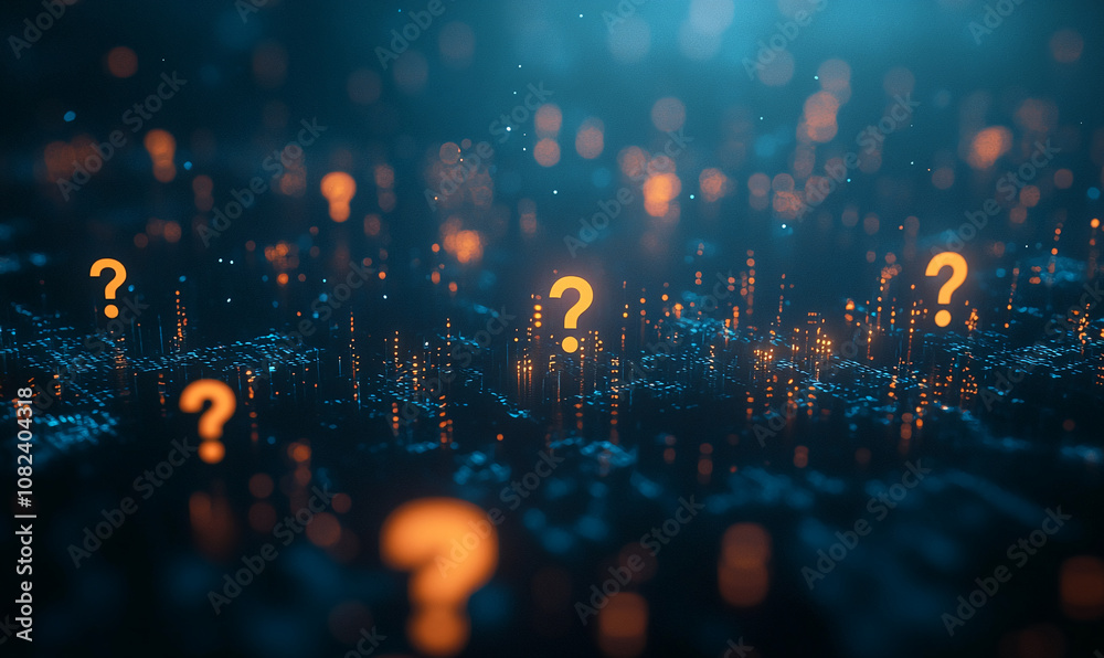 Poster Several yellow question marks float above a dark blue landscape with sparkling lights