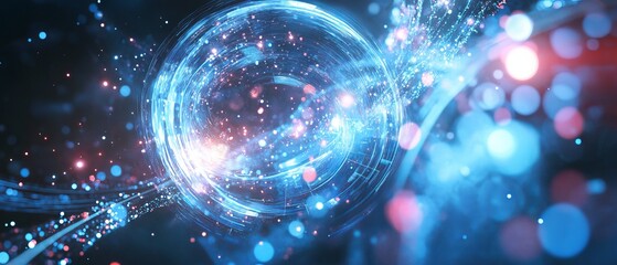 Futuristic digital technology and science background featuring abstract circuitry, holographic interfaces, data streams, and high-tech elements for innovative modern design projects