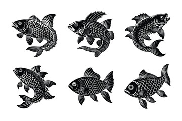 rui, rohu fish vector design, labeled line art and linocut silhouette illustration.