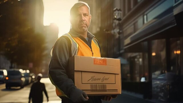 Confident delivery man is carrying a cardboard box while walking on a city street at sunset. The warm sunlight creates a dramatic contrast