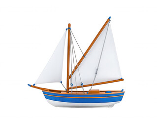 Obraz premium 3D Digital Sailboat Model Close-Up Blue White Stripes Sailing Yacht Life Buoy Interior Details