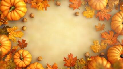 Autumn flat lay with pumpkins, orange maple leaves, and acorns on a neutral backdrop