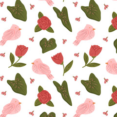 seamless repeat of pink bird, rose and caladium plant