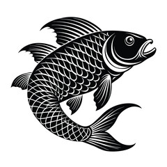 rui, rohu fish vector design, labeled line art and linocut silhouette illustration.