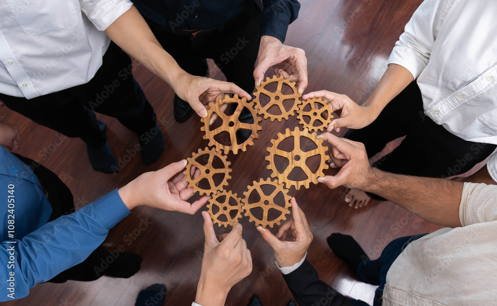 Poster business team joining cogwheel in circular together symbolize successful group of business partnersh